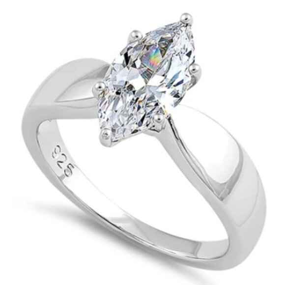 925 STERLING SILVER Marquise Cut Solitaire Ring Clear Cubic Zirconia - Picture 13 of 16